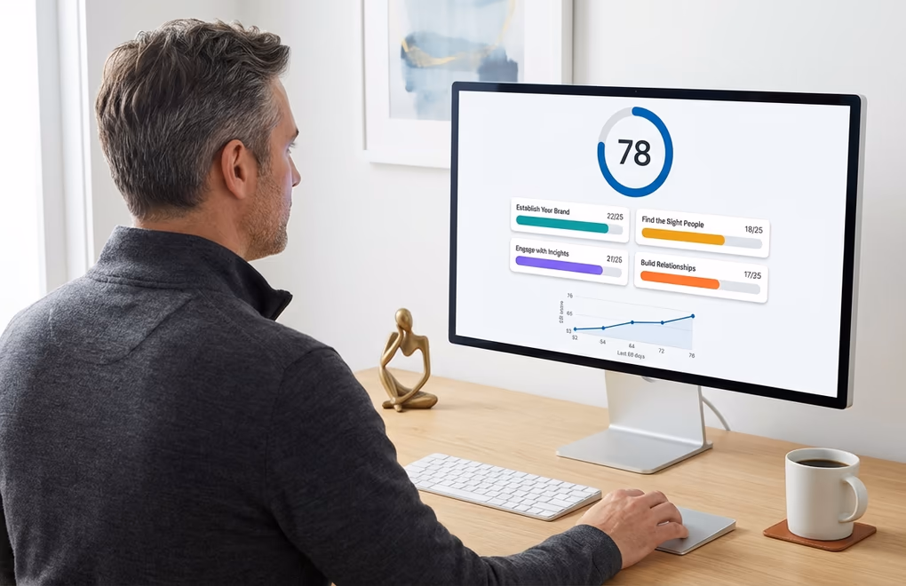 LinkedIn Social Selling Index dashboard showing four pillar scores with bar charts and an overall SSI score of 78