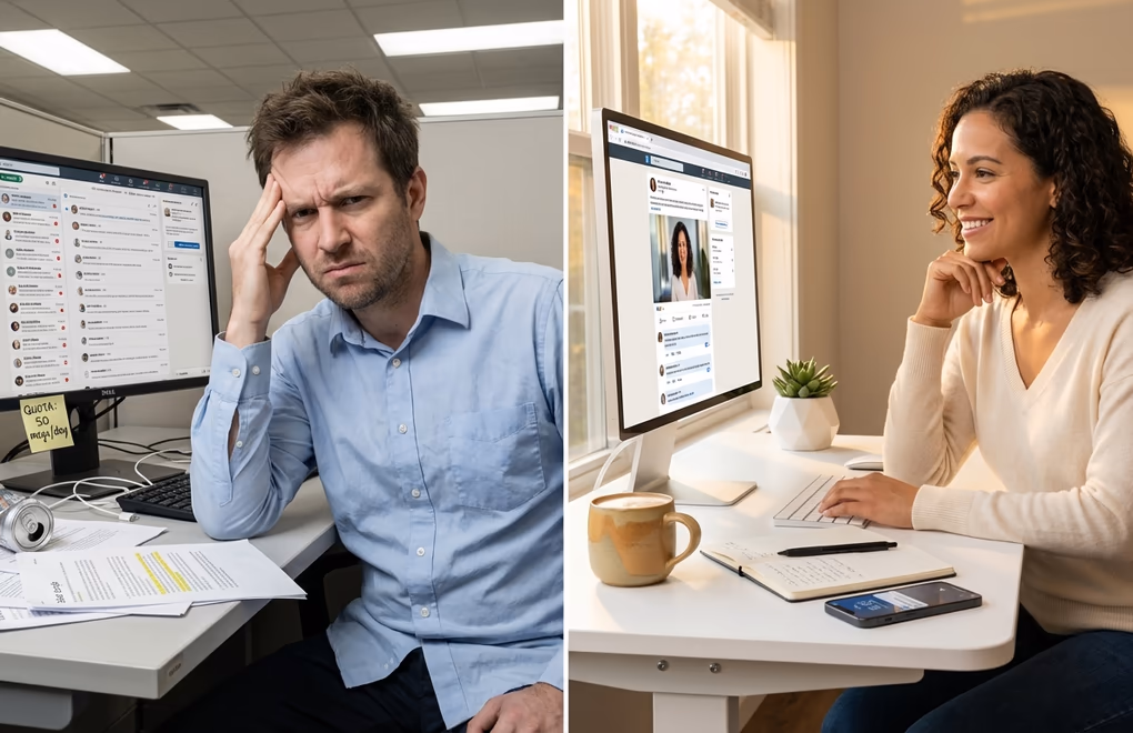 Split screen showing a frustrated person deleting cold outreach messages versus a smiling professional engaging naturally in LinkedIn comments