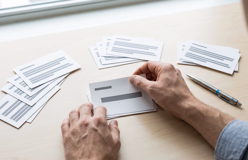 Hands sorting printed prospect note cards into groups of buyer concerns on a bright table