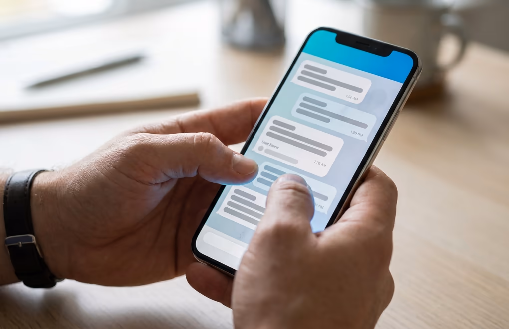 Hands holding a phone showing a short LinkedIn message thread with a prospect reply