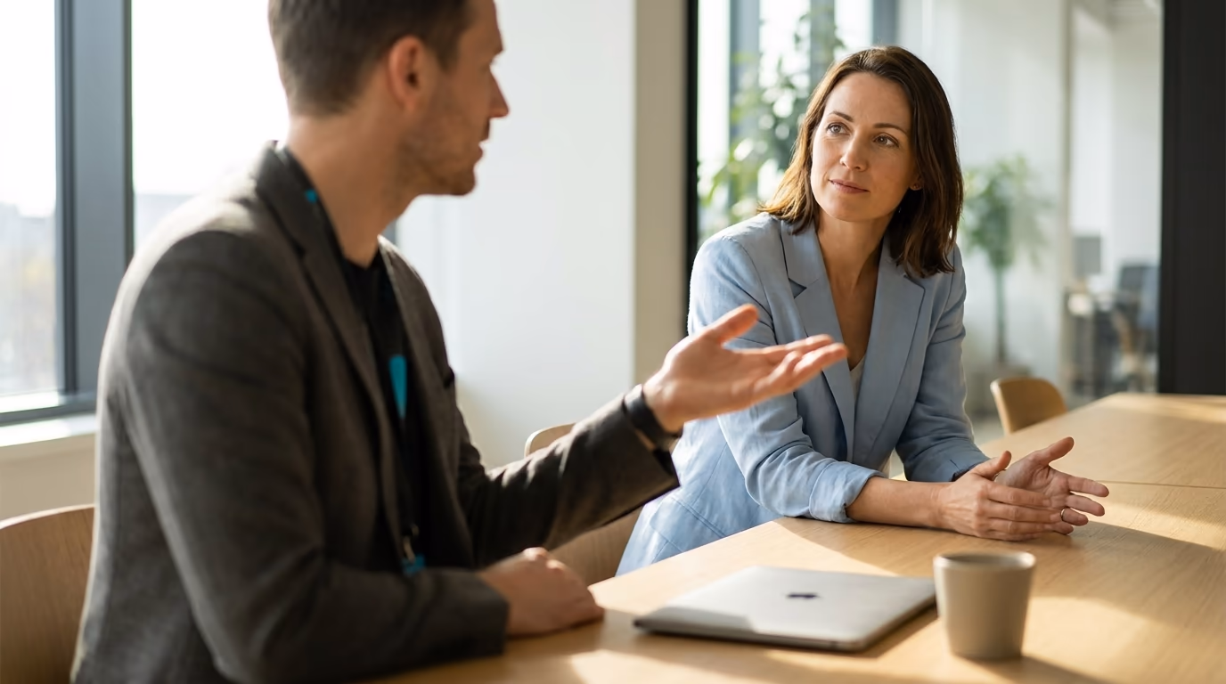 Objection handling: a seller calmly answering a buyer's concern during a sales conversation