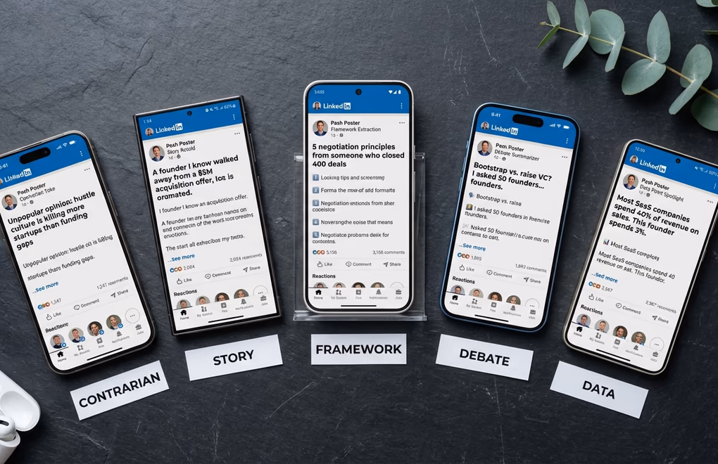 Five different LinkedIn post format examples displayed on phone screens showing story posts, contrarian takes, framework breakdowns, and question posts