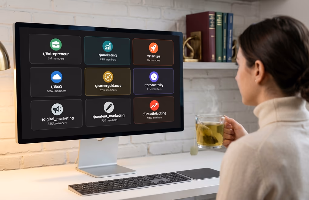 Grid of popular business and professional subreddit community cards showing subscriber counts and active discussion topics