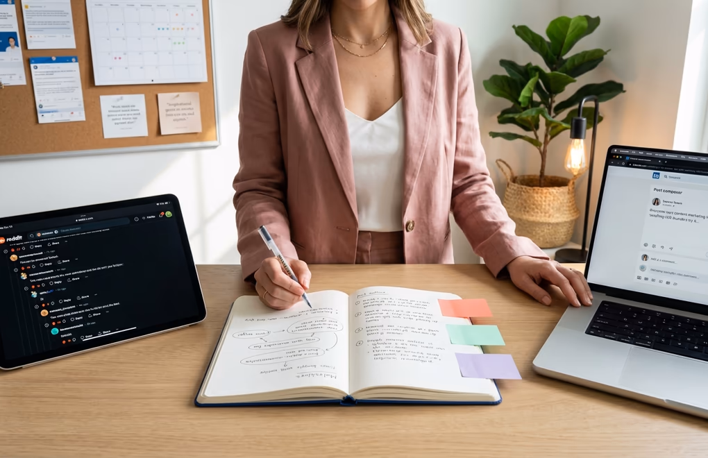 Side-by-side comparison showing a raw Reddit discussion thread on the left being transformed into a polished LinkedIn post on the right