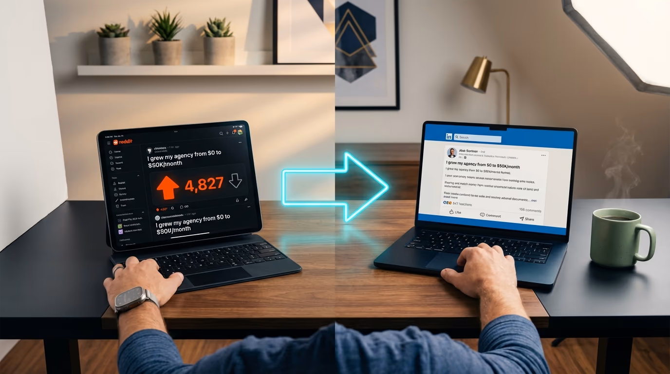 Split-screen showing a viral Reddit thread transforming into a polished LinkedIn post with engagement notifications