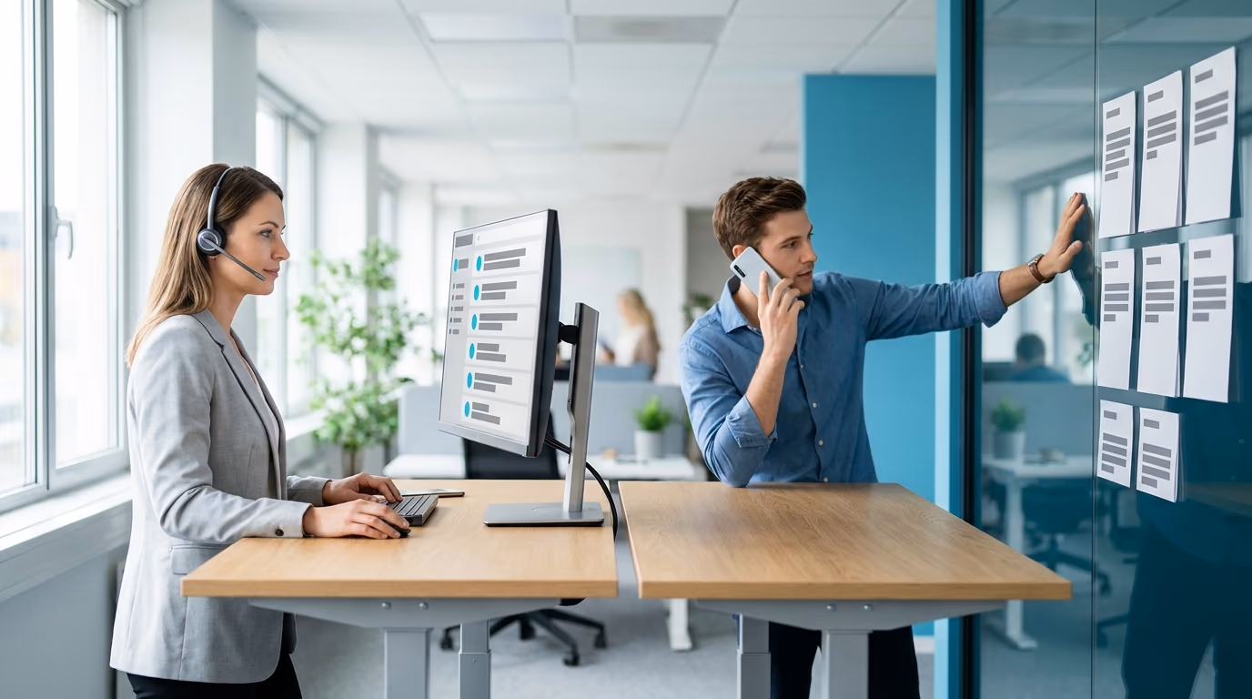 SDR vs BDR: two sales reps working inbound and outbound lead lists side by side