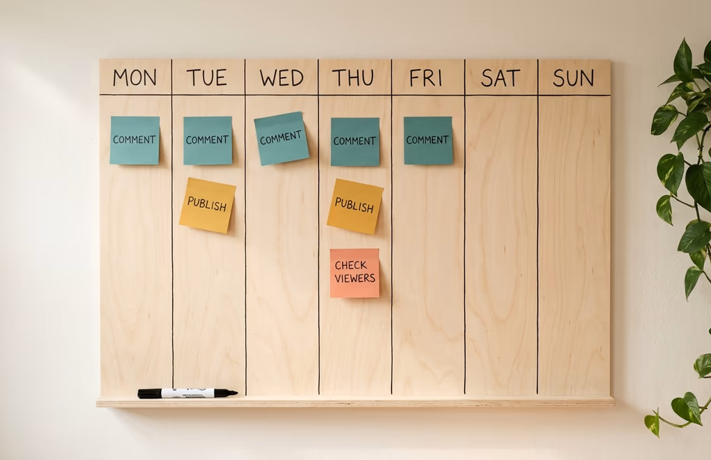 Weekly wall planner marking publishing days and commenting blocks across a working week