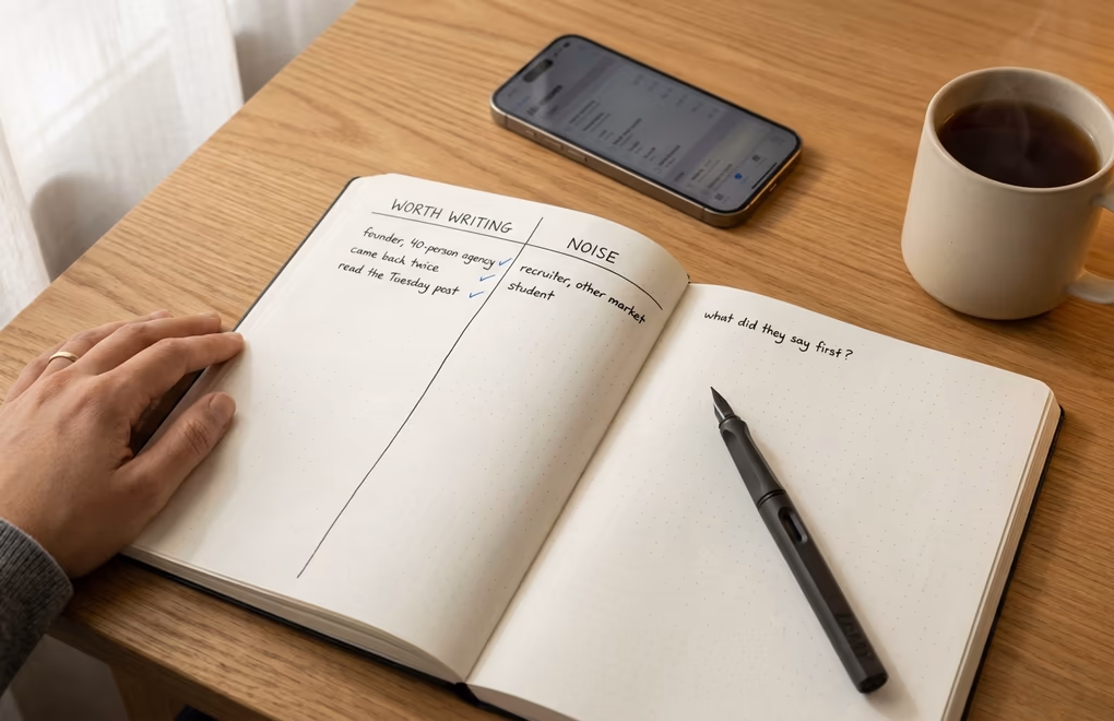 Desk notebook where visitor entries are sorted into warm and cold columns by hand