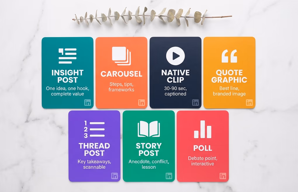 Grid of seven cards showing different LinkedIn content formats derived from video: text, carousel, clip, quote, thread, story, and poll