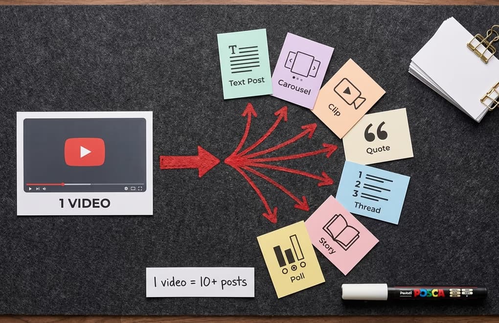 Visual showing one YouTube video branching into multiple LinkedIn content formats like text posts, carousels, and clips