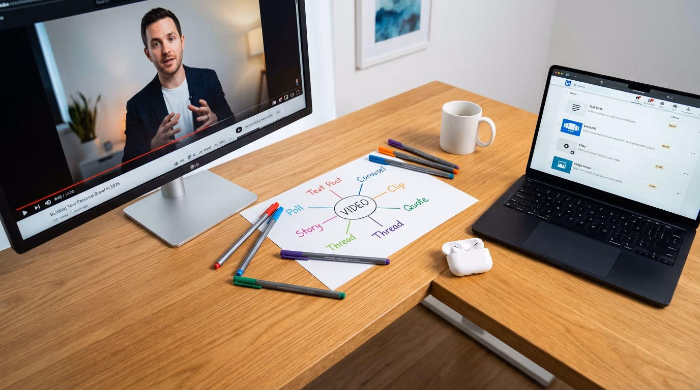 Creative workspace showing a YouTube video on one screen being transformed into multiple LinkedIn post formats on another